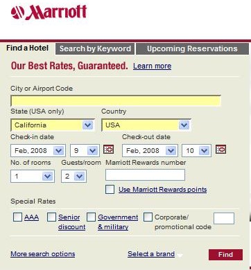 Image of Marriott Hotels drop down lists